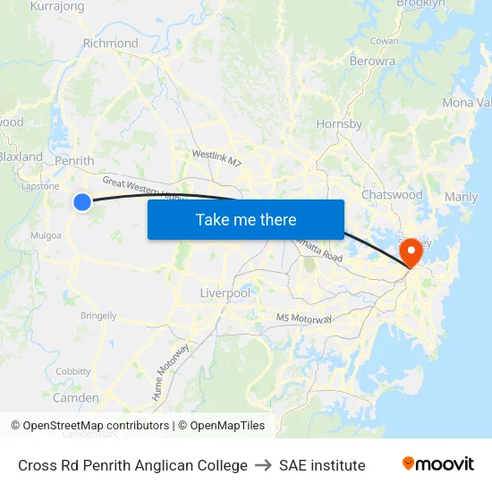 Cross Rd Penrith Anglican College to SAE institute map