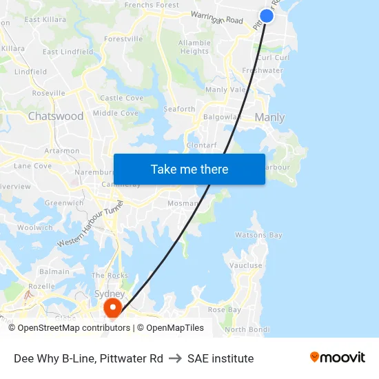 Dee Why B-Line, Pittwater Rd to SAE institute map