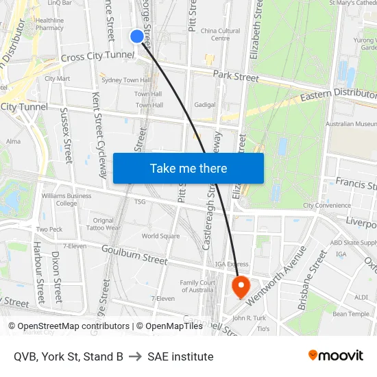 QVB, York St, Stand B to SAE institute map