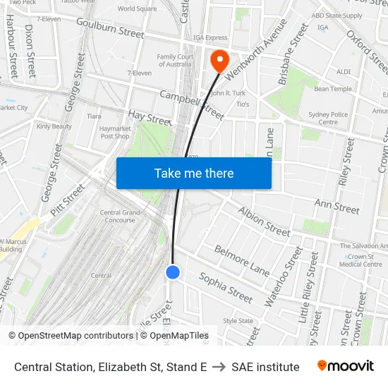 Central Station, Elizabeth St, Stand E to SAE institute map