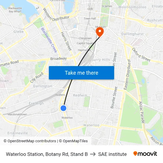 Waterloo Station, Botany Rd, Stand B to SAE institute map