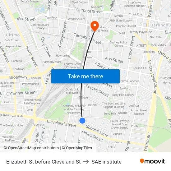 Elizabeth St before Cleveland St to SAE institute map
