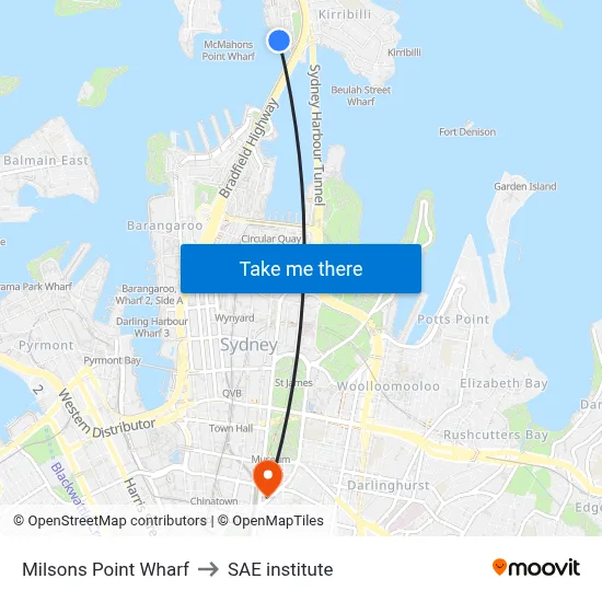 Milsons Point Wharf to SAE institute map