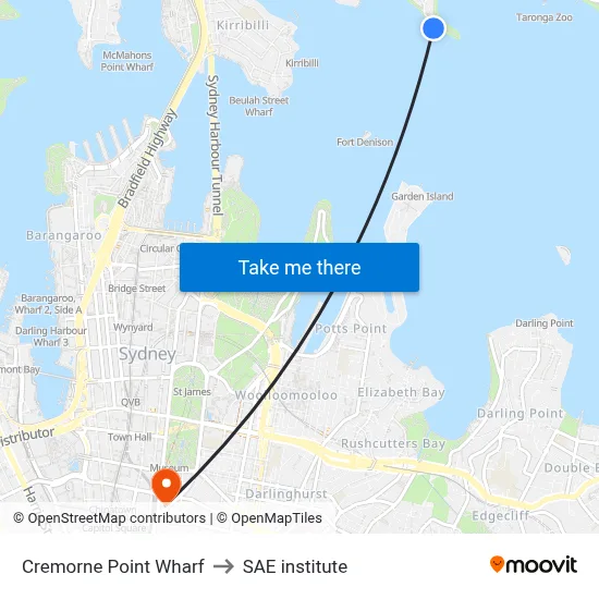 Cremorne Point Wharf to SAE institute map