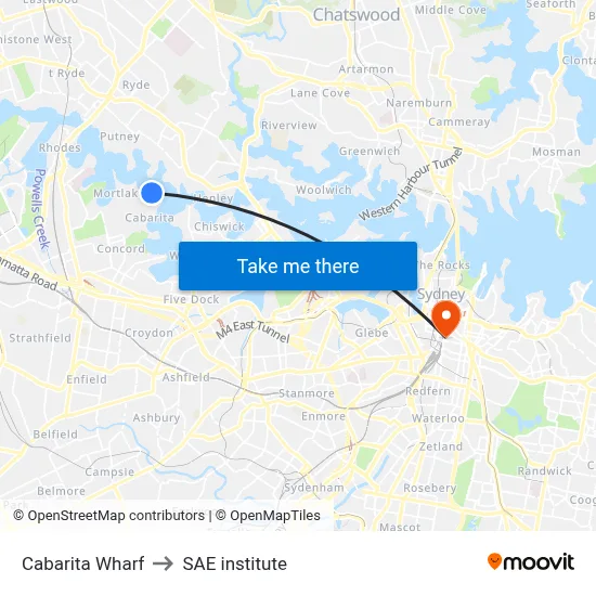 Cabarita Wharf to SAE institute map