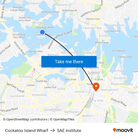 Cockatoo Island Wharf to SAE institute map