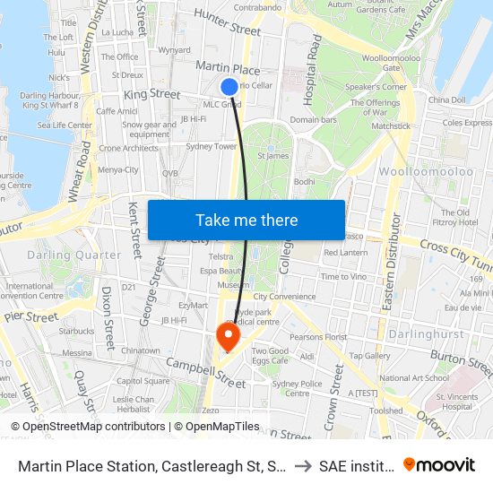 Martin Place Station, Castlereagh St, Stand H to SAE institute map