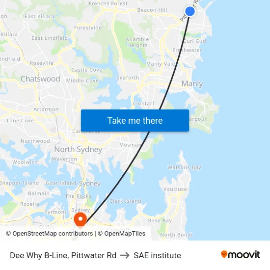 Dee Why B-Line, Pittwater Rd to SAE institute map