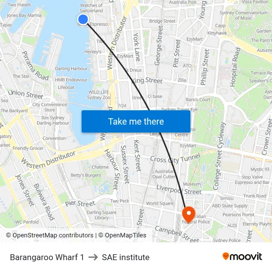 Barangaroo Wharf 1 to SAE institute map