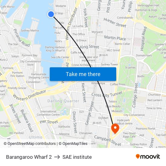 Barangaroo Wharf 2 to SAE institute map