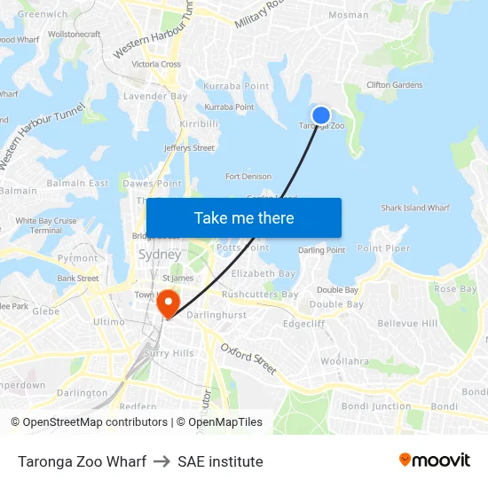 Taronga Zoo Wharf to SAE institute map