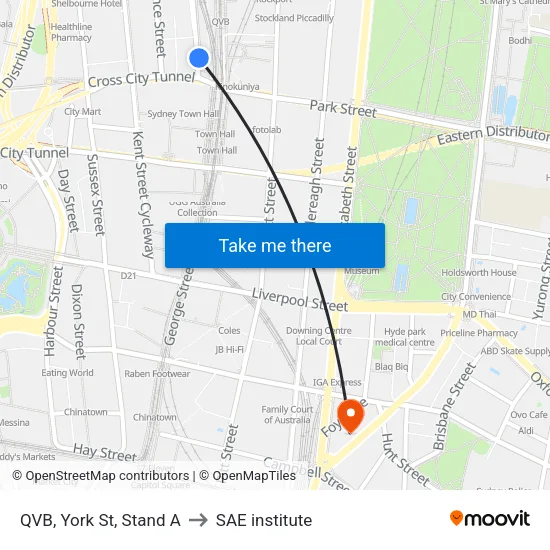 QVB, York St, Stand A to SAE institute map