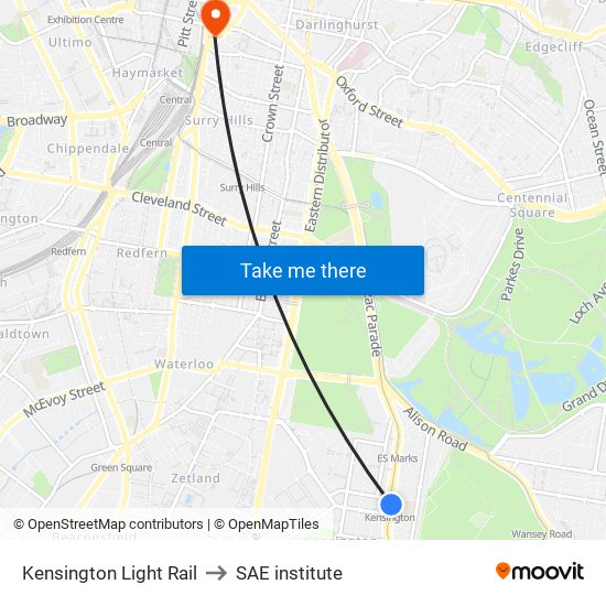Kensington Light Rail to SAE institute map