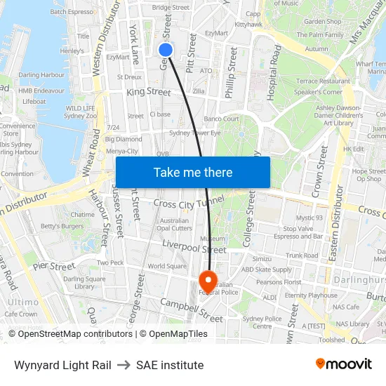Wynyard Light Rail to SAE institute map