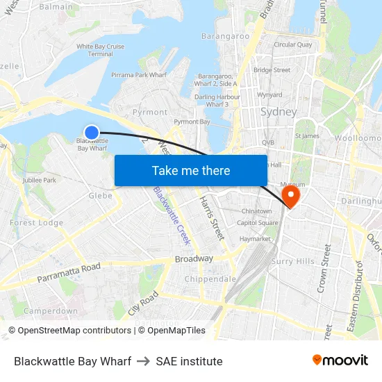 Blackwattle Bay Wharf to SAE institute map