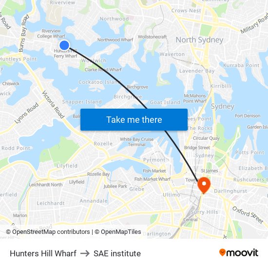 Hunters Hill Wharf to SAE institute map