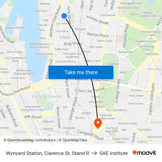 Wynyard Station, Clarence St, Stand R to SAE institute map