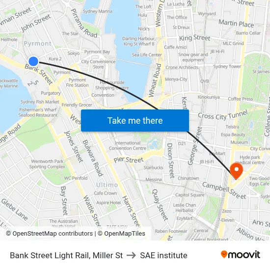 Bank Street Light Rail, Miller St to SAE institute map