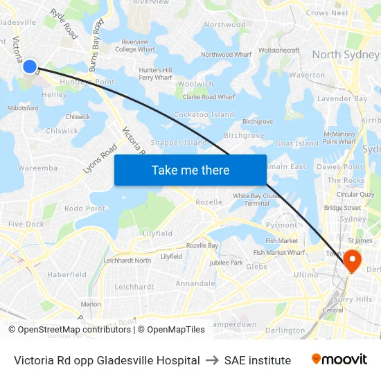 Victoria Rd opp Gladesville Hospital to SAE institute map