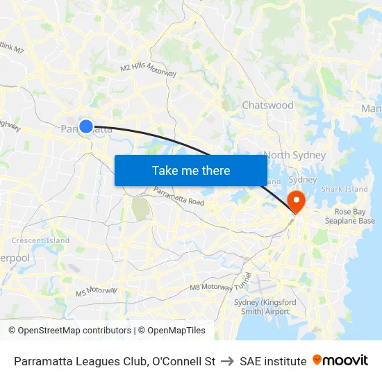 Parramatta Leagues Club, O'Connell St to SAE institute map