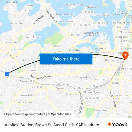 Ashfield Station, Brown St, Stand C to SAE institute map