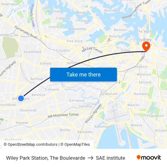 Wiley Park Station, The Boulevarde to SAE institute map