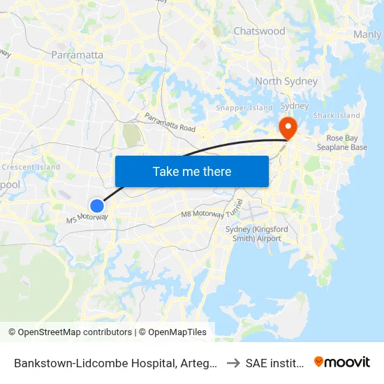 Bankstown-Lidcombe Hospital, Artegall St to SAE institute map
