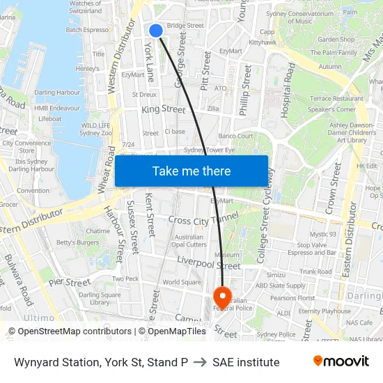 Wynyard Station, York St, Stand P to SAE institute map