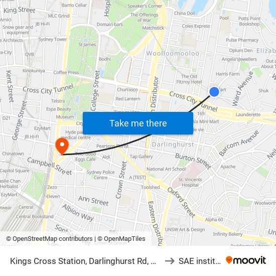 Kings Cross Station, Darlinghurst Rd, Stand B to SAE institute map