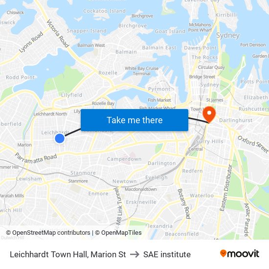 Leichhardt Town Hall, Marion St to SAE institute map