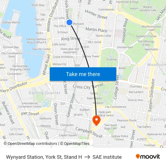 Wynyard Station, York St, Stand H to SAE institute map