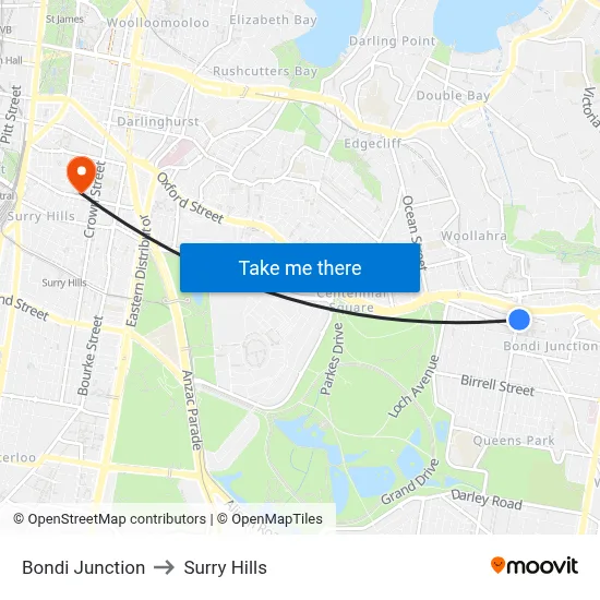 Bondi Junction to Surry Hills map