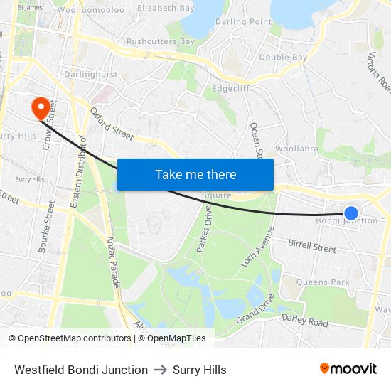 Westfield Bondi Junction to Surry Hills map