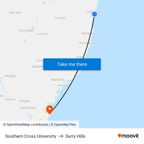 Southern Cross University to Surry Hills map