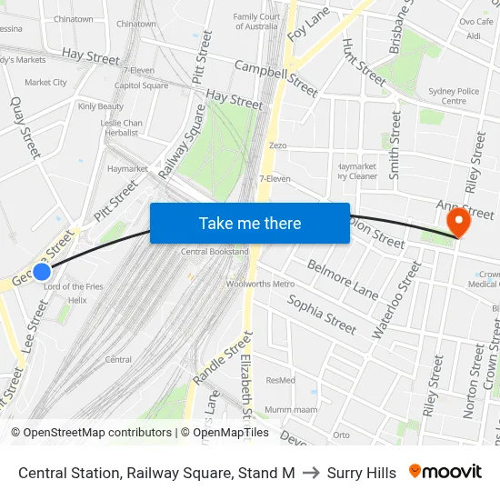 Central Station, Railway Square, Stand M to Surry Hills map