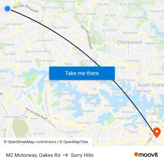 M2 Motorway, Oakes Rd to Surry Hills map