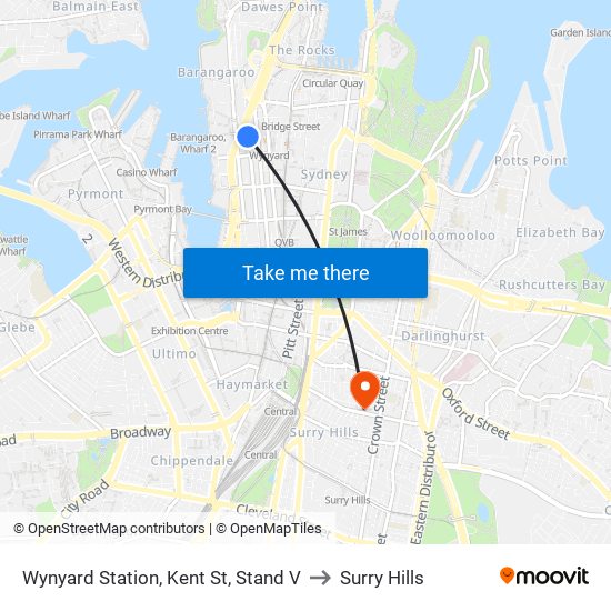 Wynyard Station, Kent St, Stand V to Surry Hills map