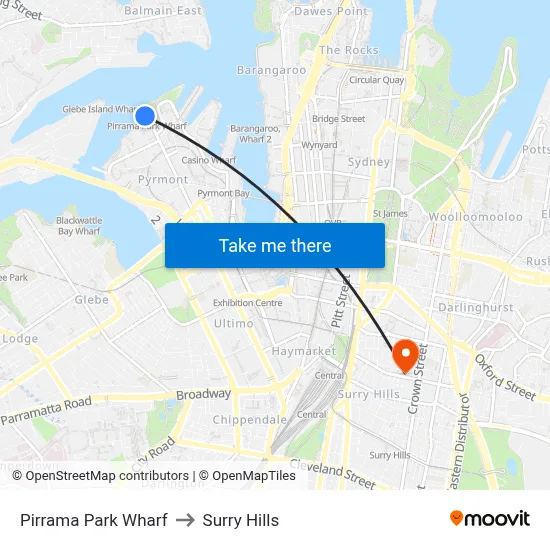 Pirrama Park Wharf to Surry Hills map