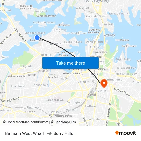 Balmain West Wharf to Surry Hills map