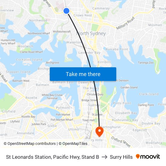 St Leonards Station, Pacific Hwy, Stand B to Surry Hills map