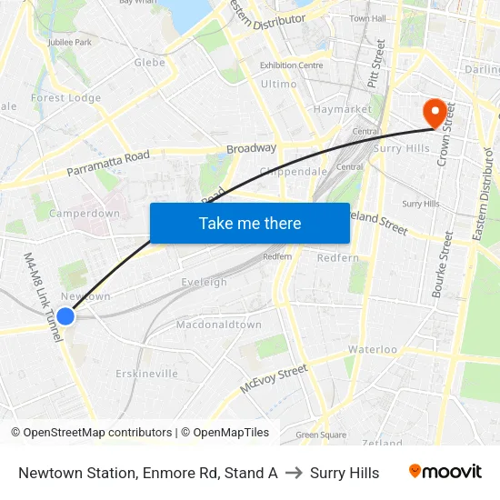Newtown Station, Enmore Rd, Stand A to Surry Hills map