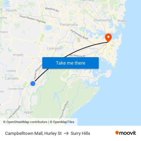 Campbelltown Mall, Hurley St to Surry Hills map