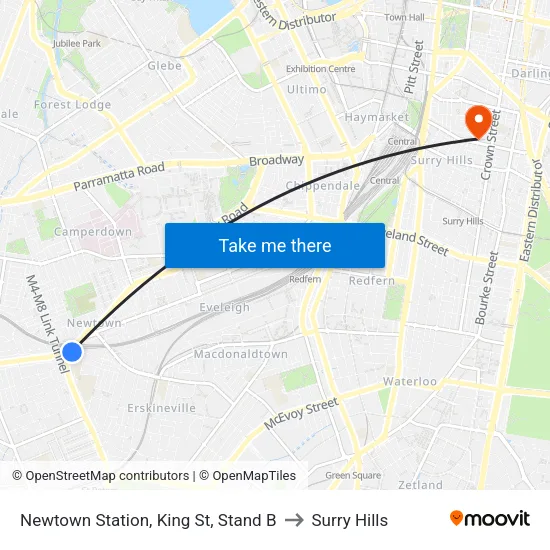 Newtown Station, King St, Stand B to Surry Hills map