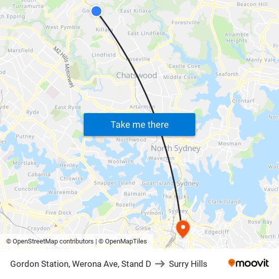 Gordon Station, Werona Ave, Stand D to Surry Hills map