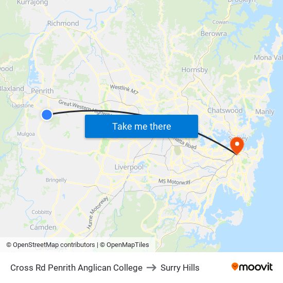 Cross Rd Penrith Anglican College to Surry Hills map