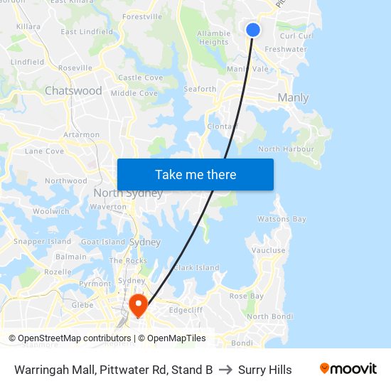 Warringah Mall, Pittwater Rd, Stand B to Surry Hills map