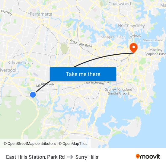 East Hills Station, Park Rd to Surry Hills map