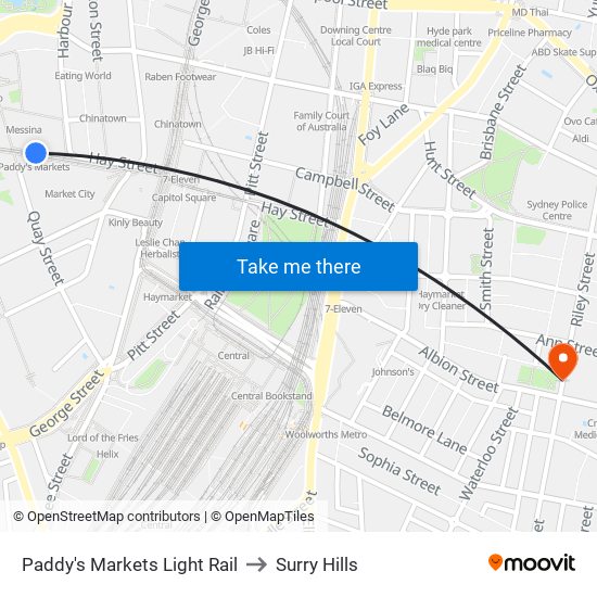 Paddy's Markets Light Rail to Surry Hills map