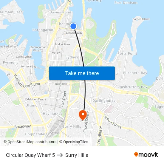 Circular Quay Wharf 5 to Surry Hills map