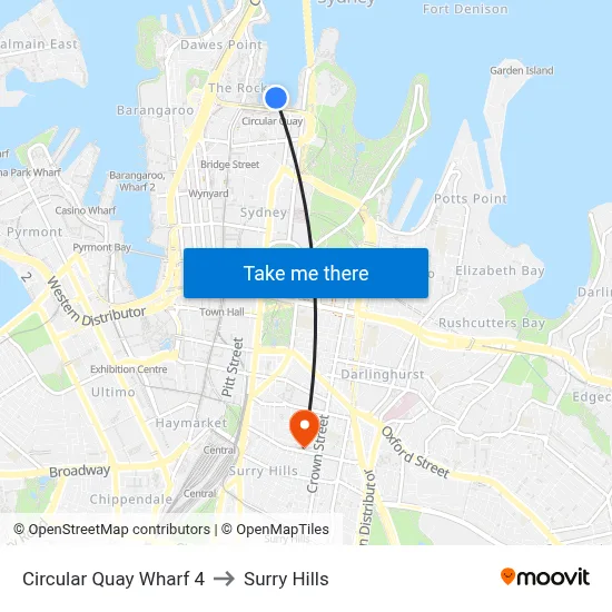 Circular Quay Wharf 4 to Surry Hills map